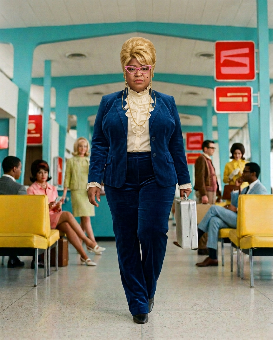 Alicea Peyton in a pink coat crossing a colorful retro airport lounge