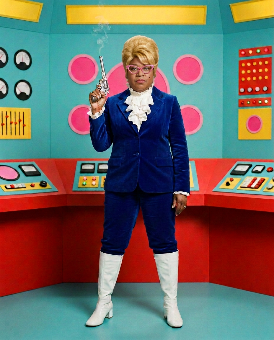 Alicea Peyton in a blue velvet suit in a colorful retro control room
