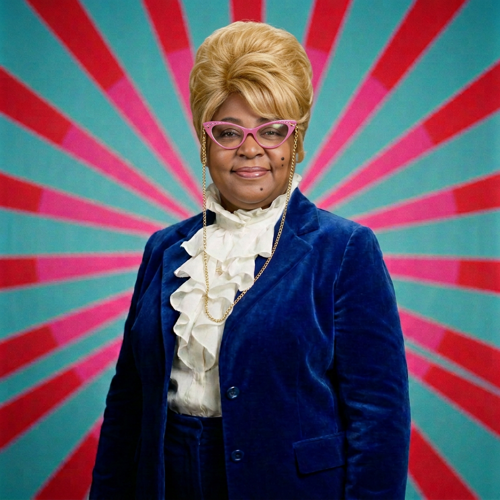 Alicea Peyton in a stylized 1960s spy-film portrait